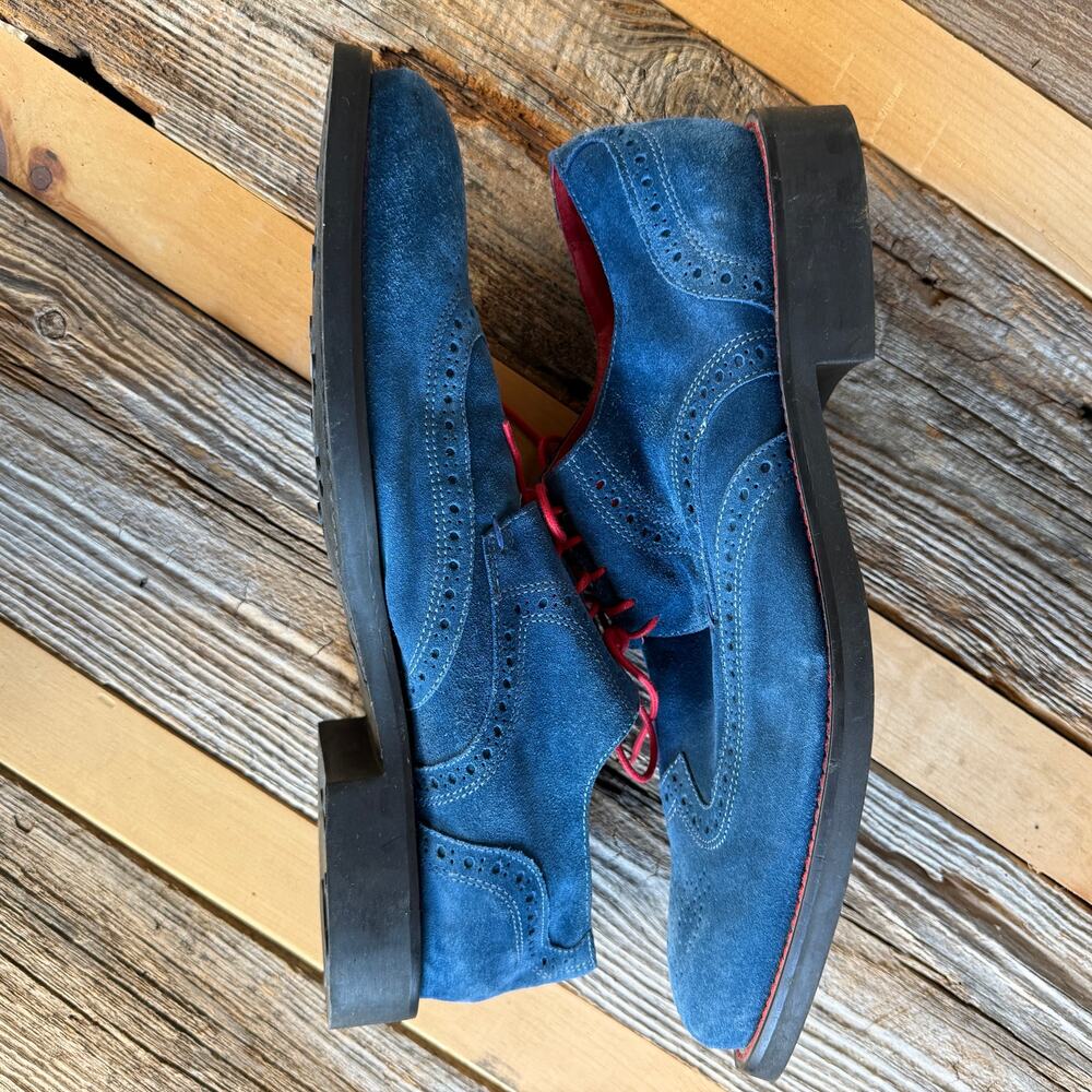 Bugatchi blue suede wing tip dress shoes - loafers - red laces - size 12.5 - Picture 6 of 9